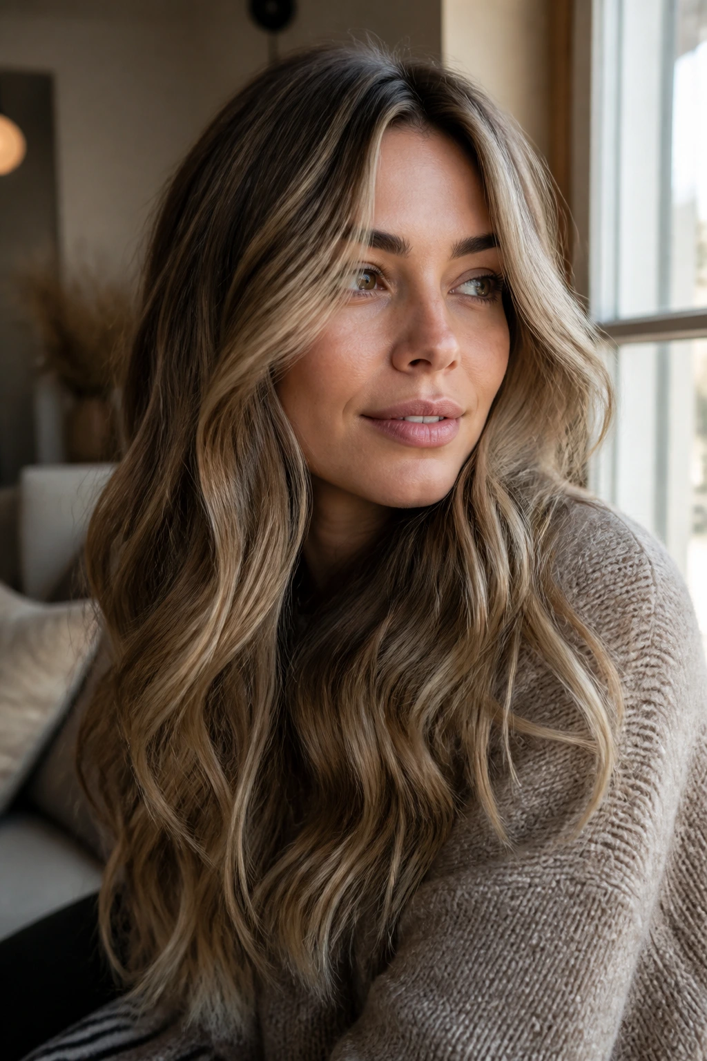 Close-up portrait of sandstone bronde balayage on a real woman with diffused highlights