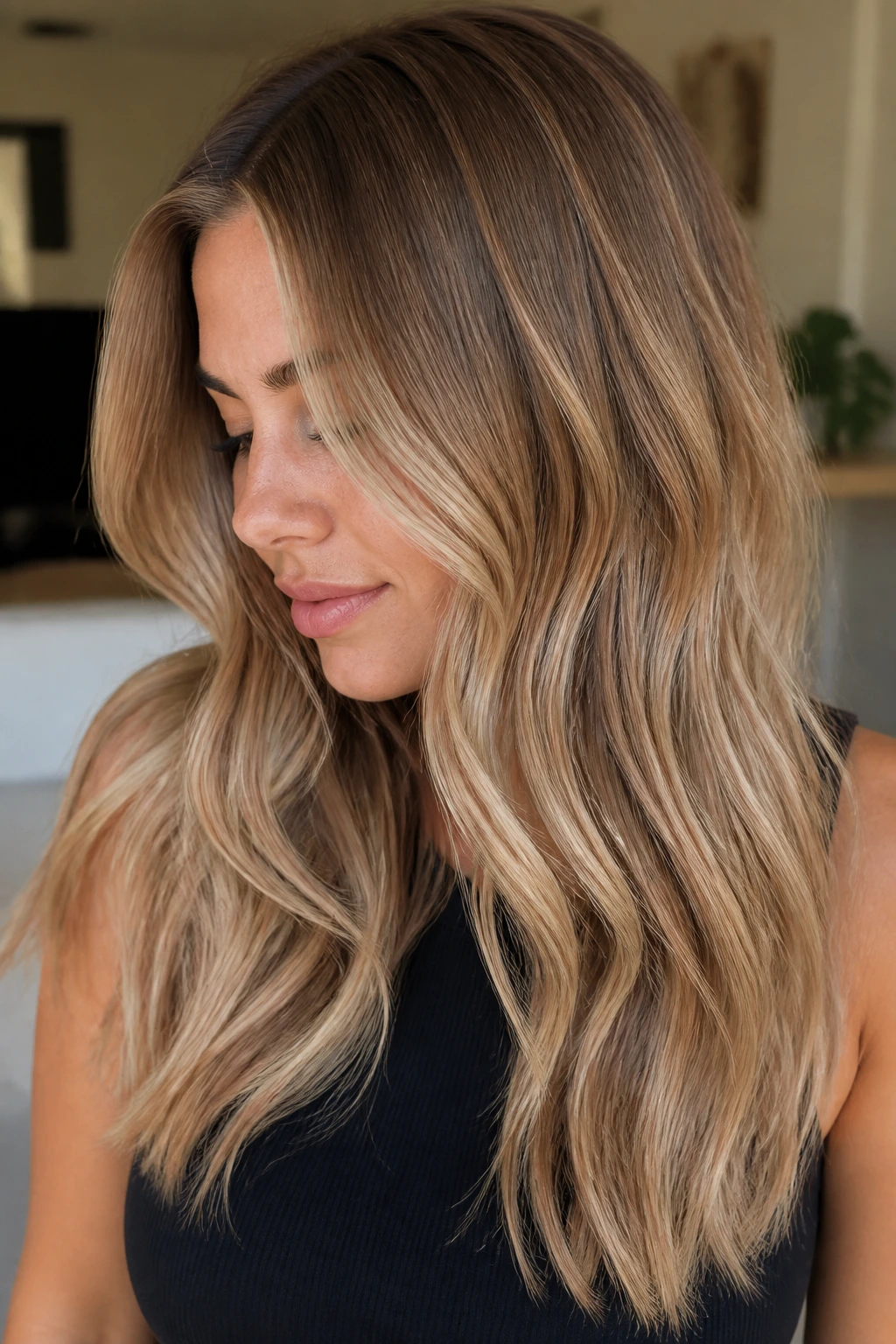Close-up of a real woman with sandstone melt hair in beige brown and taupe tones