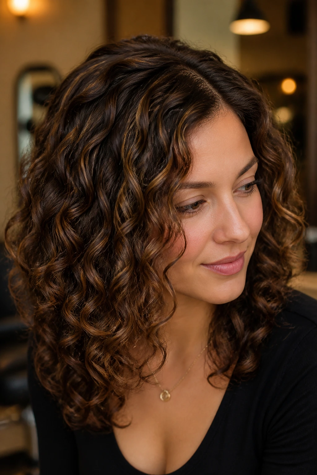 Close-up with sandstone micro-highlights adding dimension to curly hair