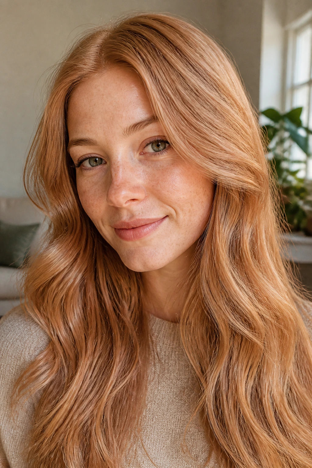 Real woman with sandstone strawberry blonde hair showing beige-copper-gold dimension.