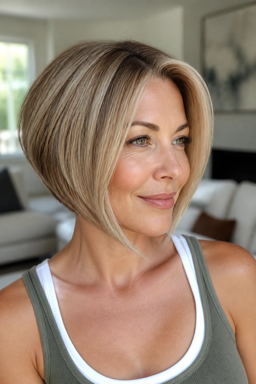 Real woman with sandy angled bob and beige highlights in a sunlit room.