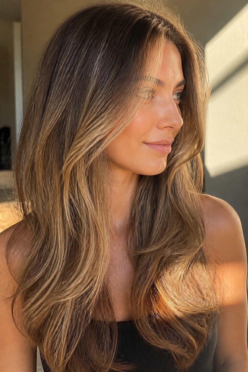 Close-up of a real woman with sandy babylights on long layered hair in golden hour light
