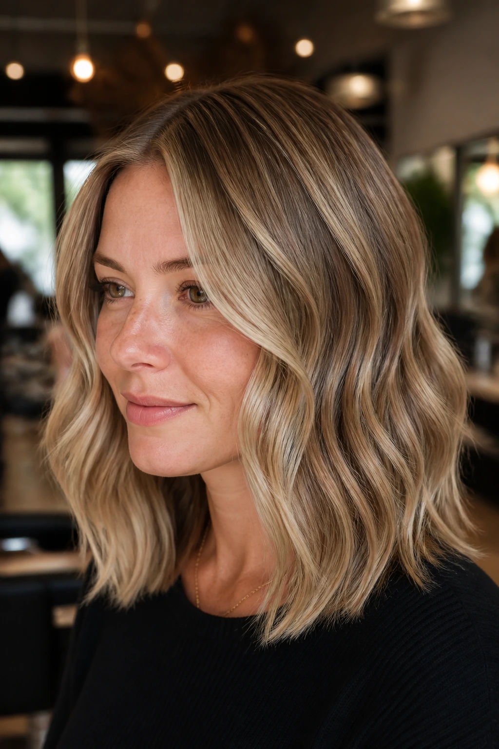 Close-up of real woman's mid-length wavy hair with sandy babylights in a salon setting
