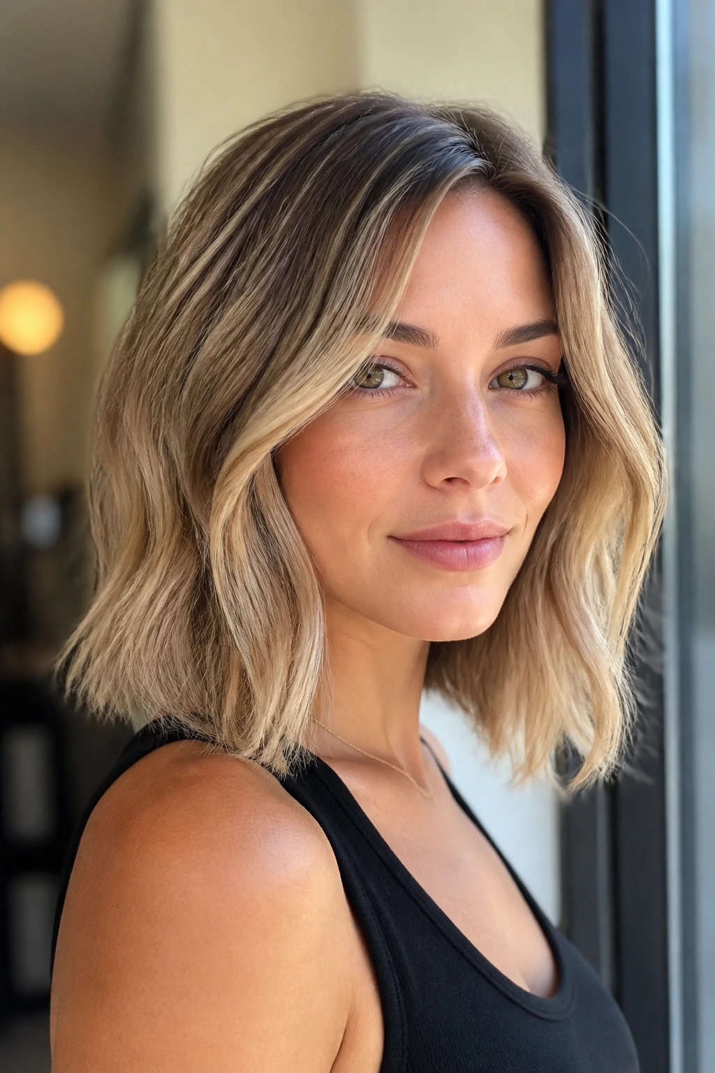 Close-up of a real woman with sandy beige balayage on a lob haircut
