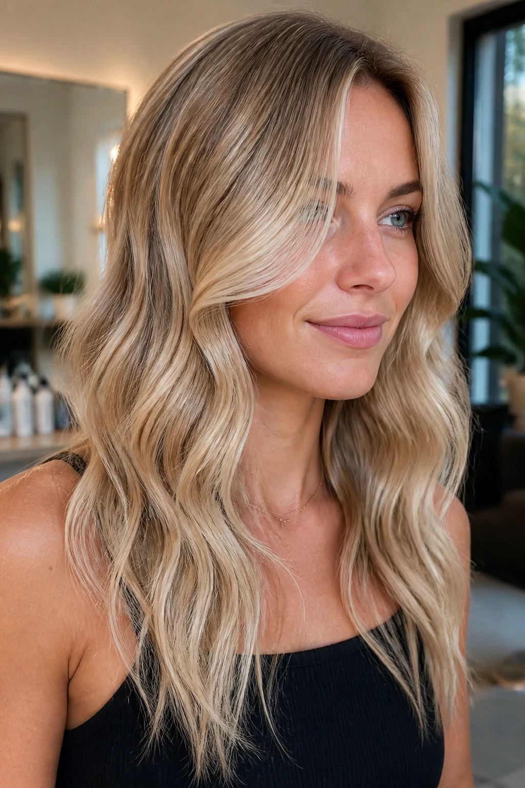 Close-up of a real woman with sandy base champagne glow hair color in a salon setting