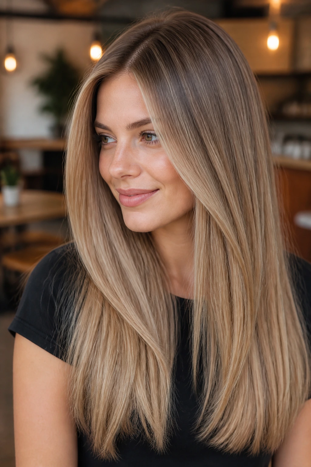 Close-up portrait of a real person with sandy beige hair and seamless babylights