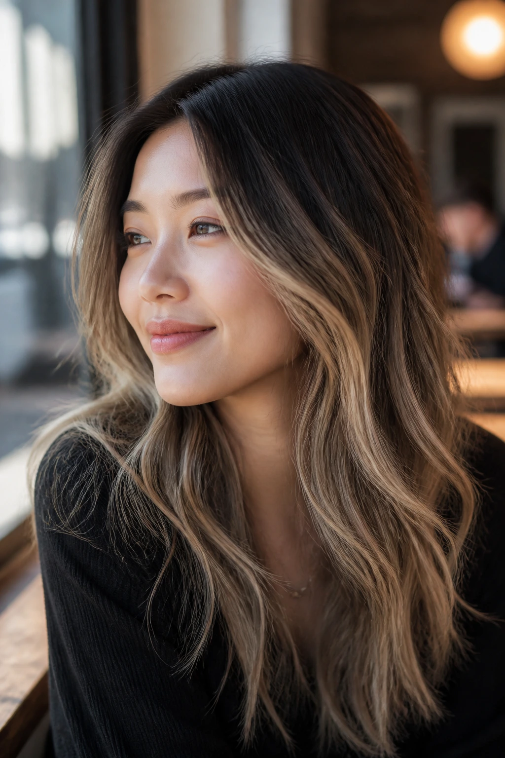 Woman with sandy beige balayage on dark hair in warm daylight