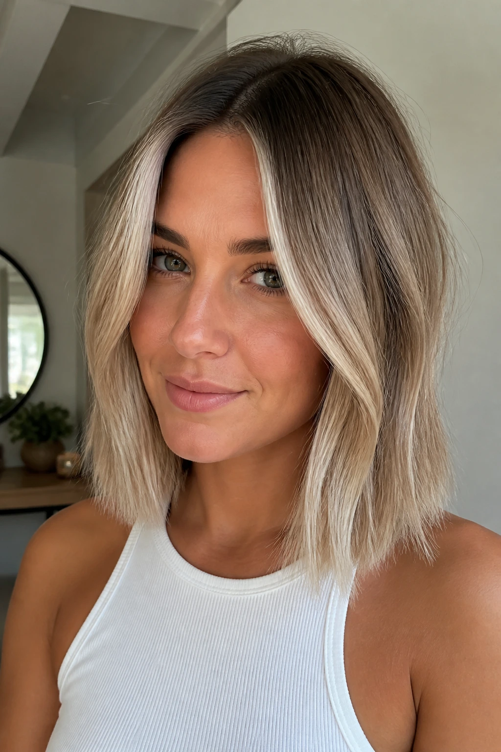 Close-up of a real woman with sandy beige balayage on a blunt lob