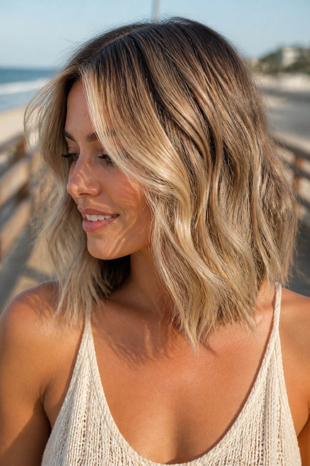 Close-up portrait of a real woman with sandy beige balayage on layered lob