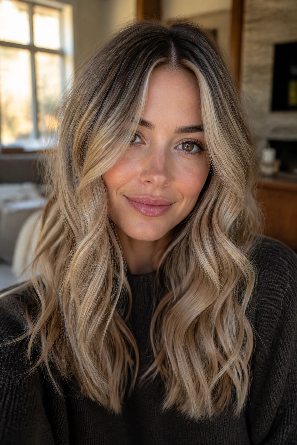 Close-up of a woman with sandy beige waves in a cozy indoor setting