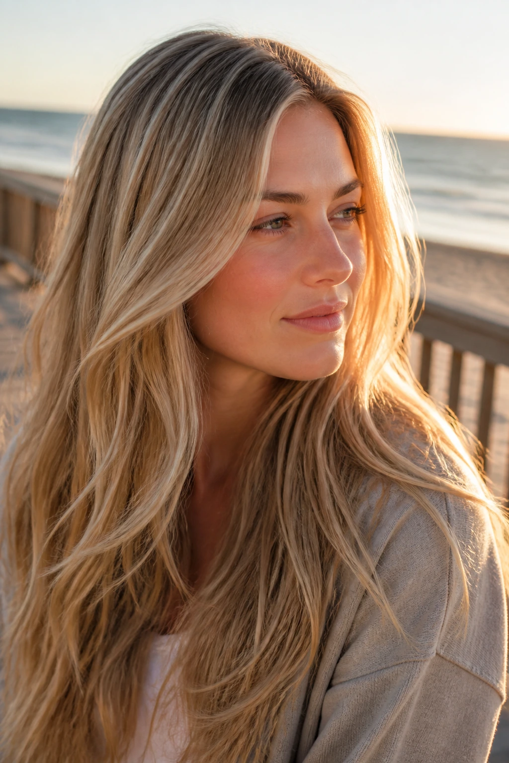 Close-up of sandy beige blonde on a real person at the beach at golden hour