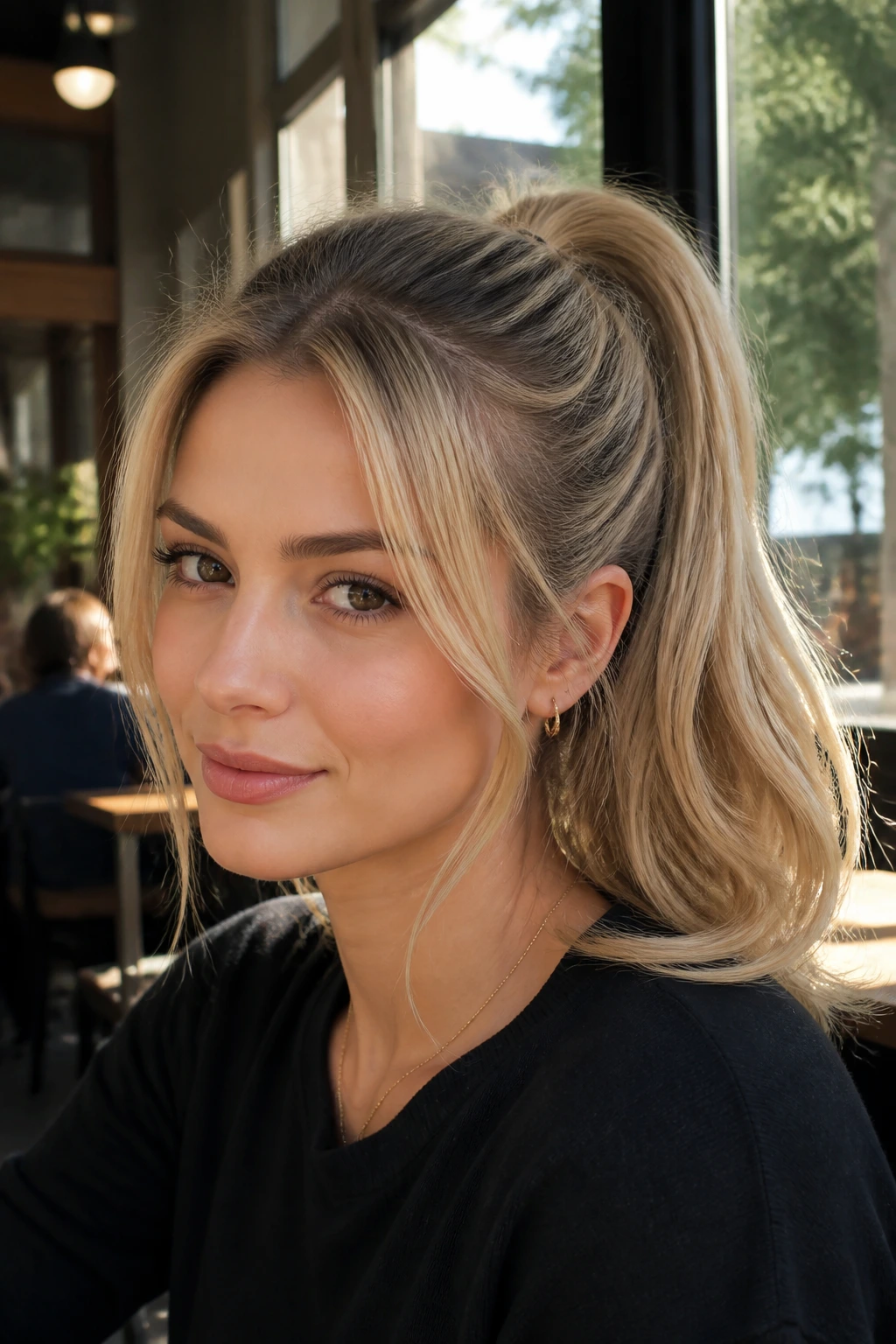 Close-up of a real woman with a sandy beige blonde ponytail showing dimension along the length