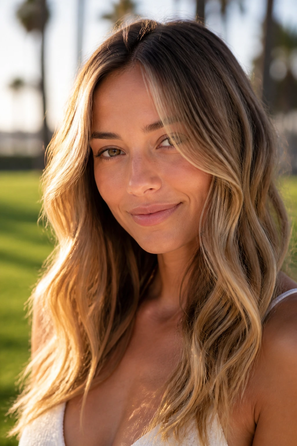 Hair with sandy beige bronde balayage in light brown and blonde tones on real person