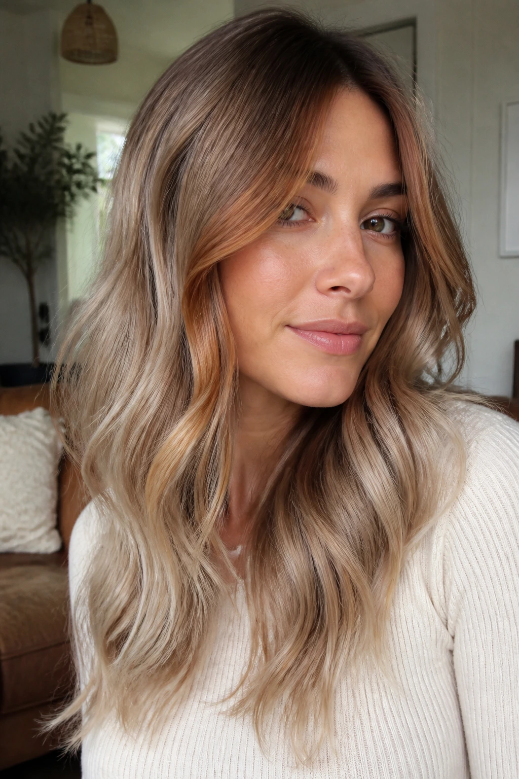 Close-up of a real person with sandy beige base and cinnamon money piece hair