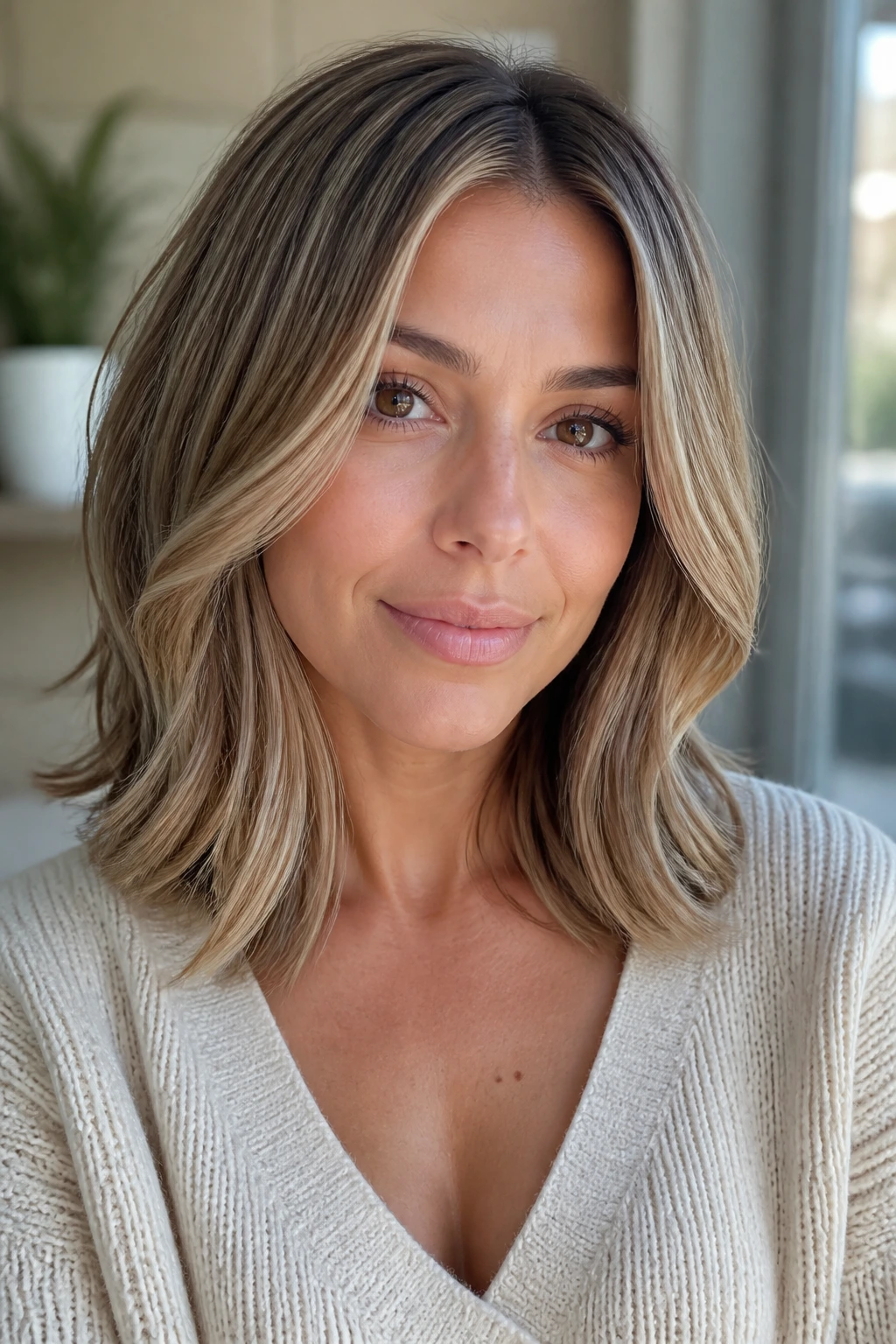 Medium-length hair with sandy beige highlights and lowlights on a real person