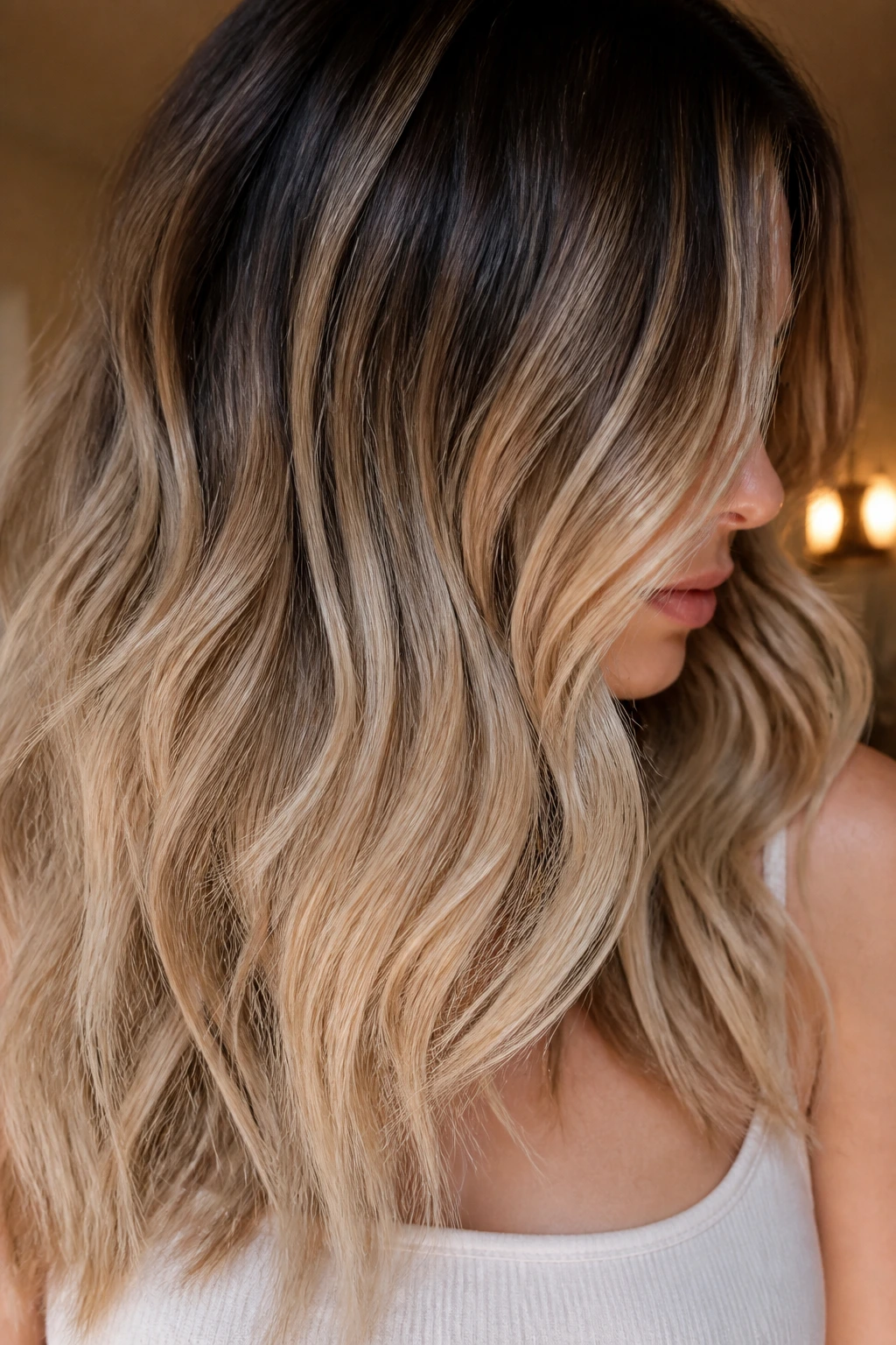 Close-up of sandy beige honey ends on a real person's hair with darker roots