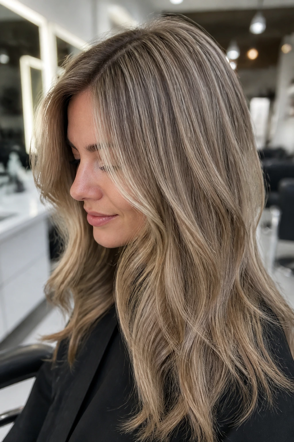 Sandy beige micro-weave on thick hair with dense ribbon highlights