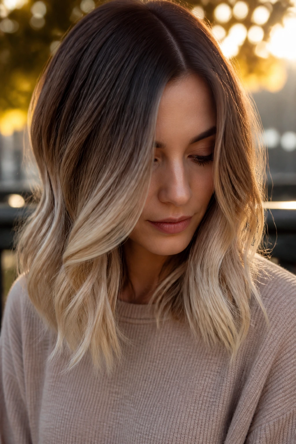 Close-up of shoulder-length hair with sandy beige ombre