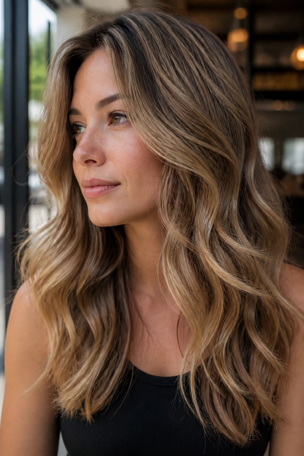 Real person with sandy beige streaks in wavy hair by a cafe window