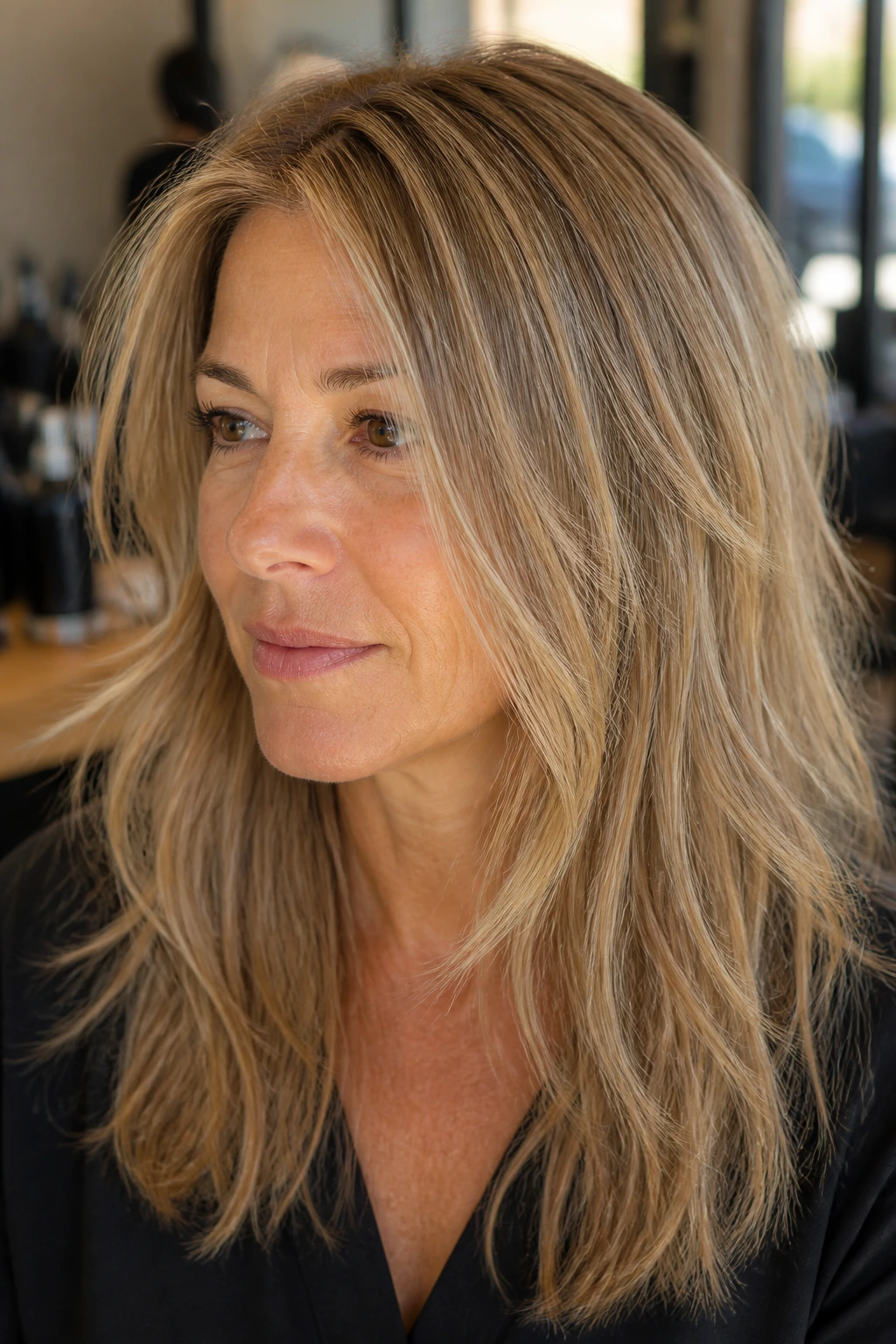 Close-up of a real person with sandy beige all-over fine weave hair