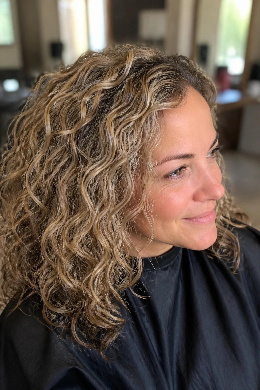 Close-up of a real woman with curls with sandy blonde babylights for subtle texture