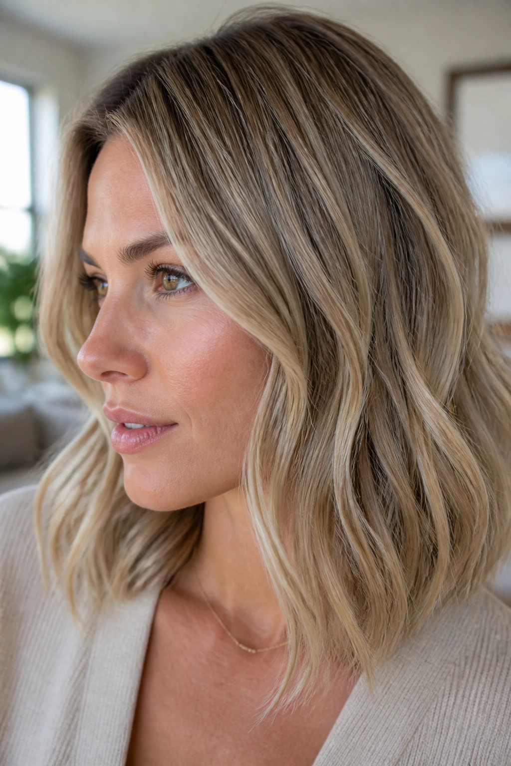 Close-up portrait of a real woman with sandy blonde babylights