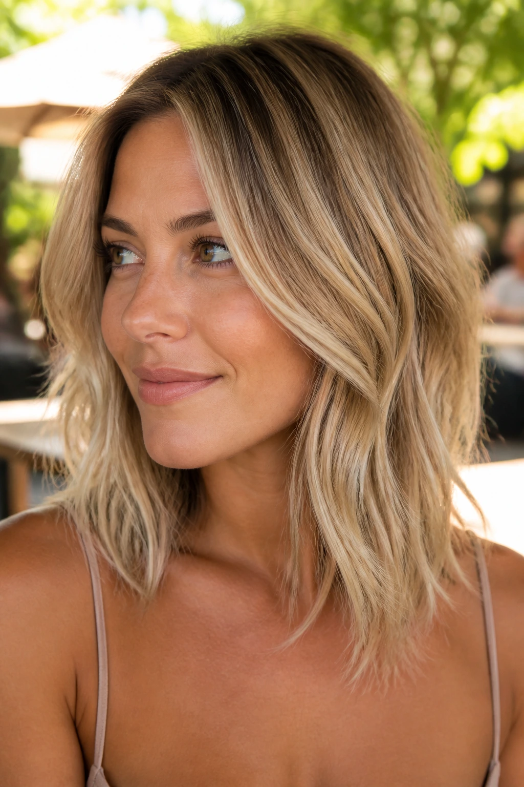 Real woman with sandy blonde hair and babylight layers on shoulder-length hairstyle.