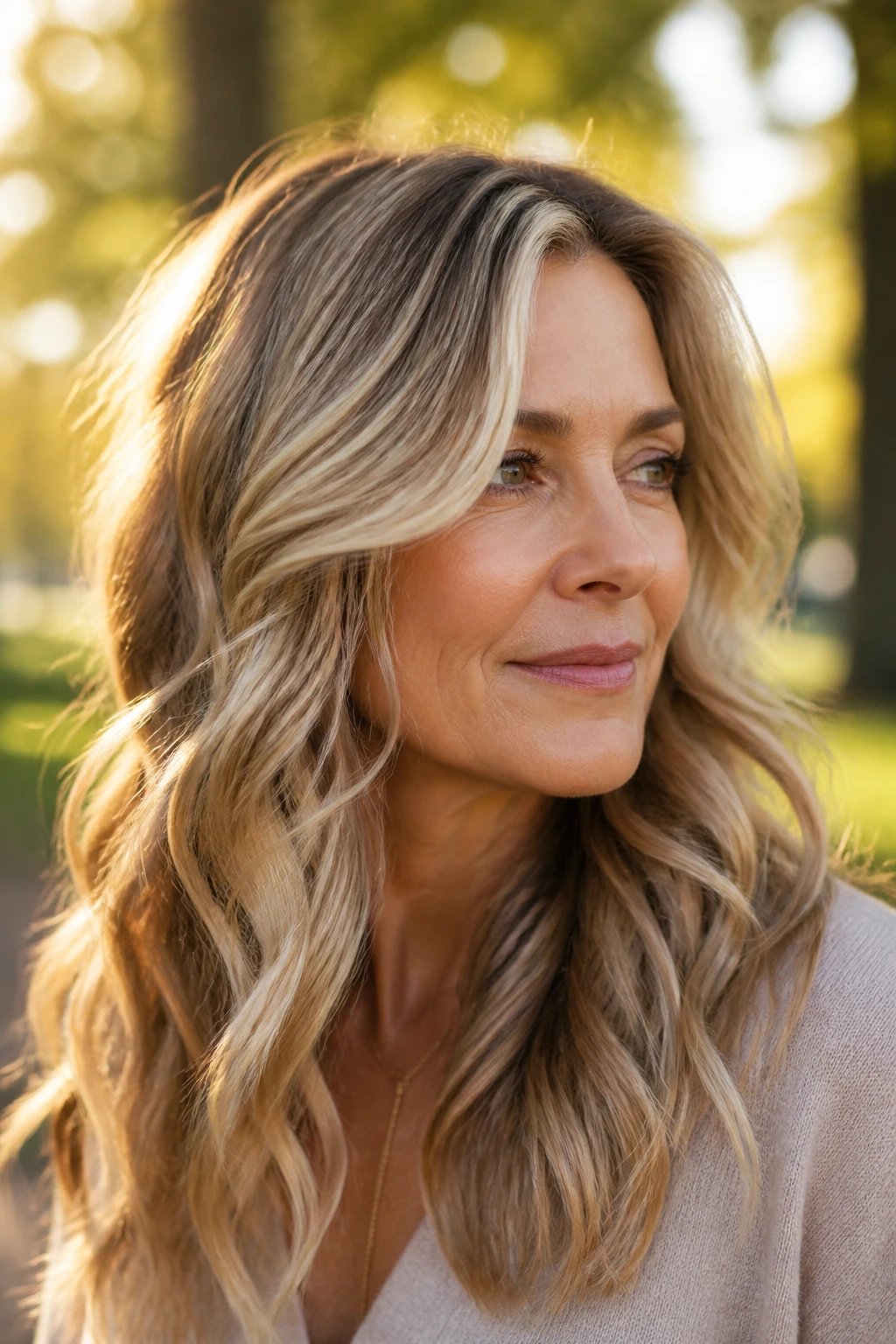 Close-up of a real woman with sandy blonde balayage and sun-kissed highlights