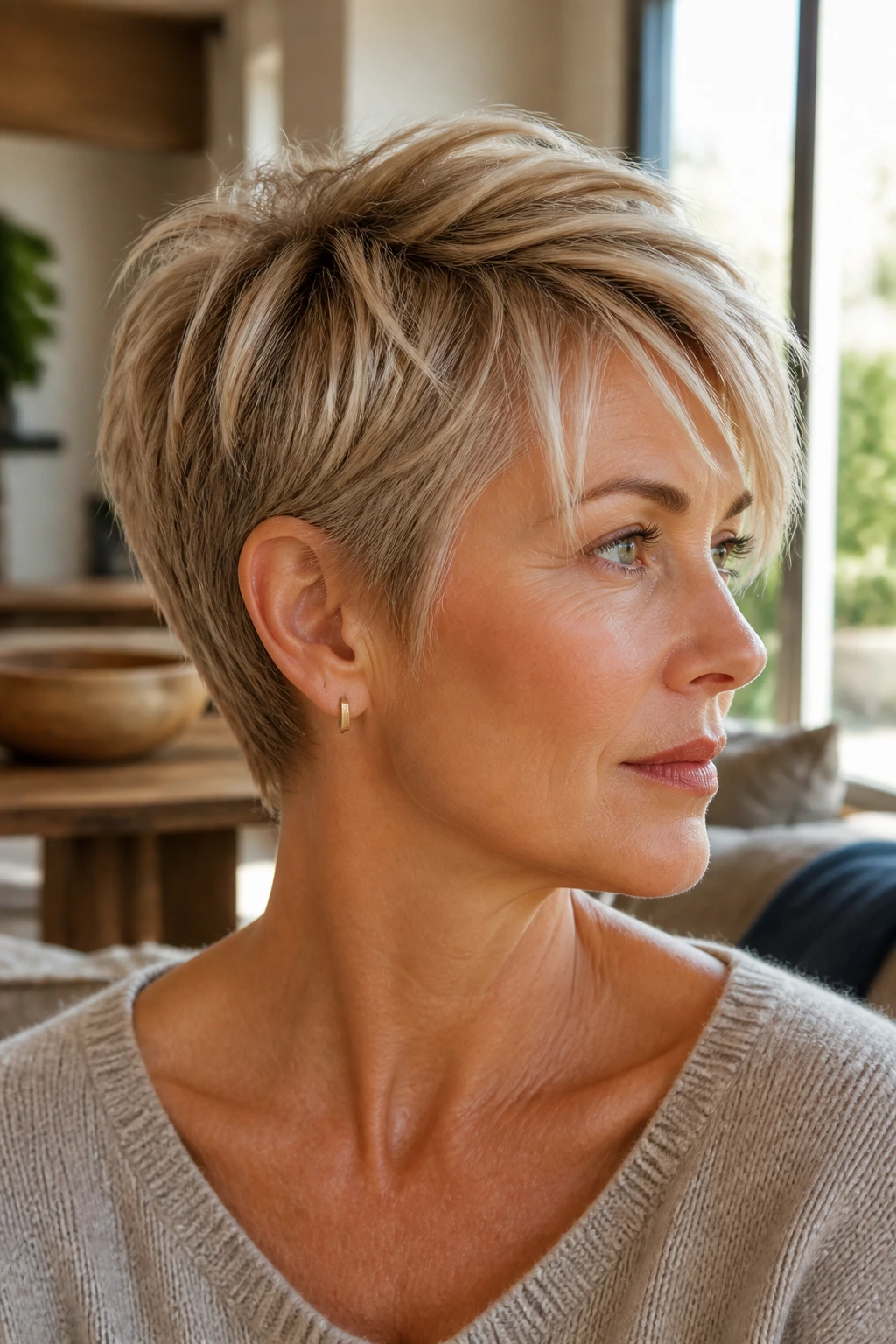 Close-up portrait of a woman with short sandy blonde hair featuring brighter beach sand tones around the face and crown in warm daylight