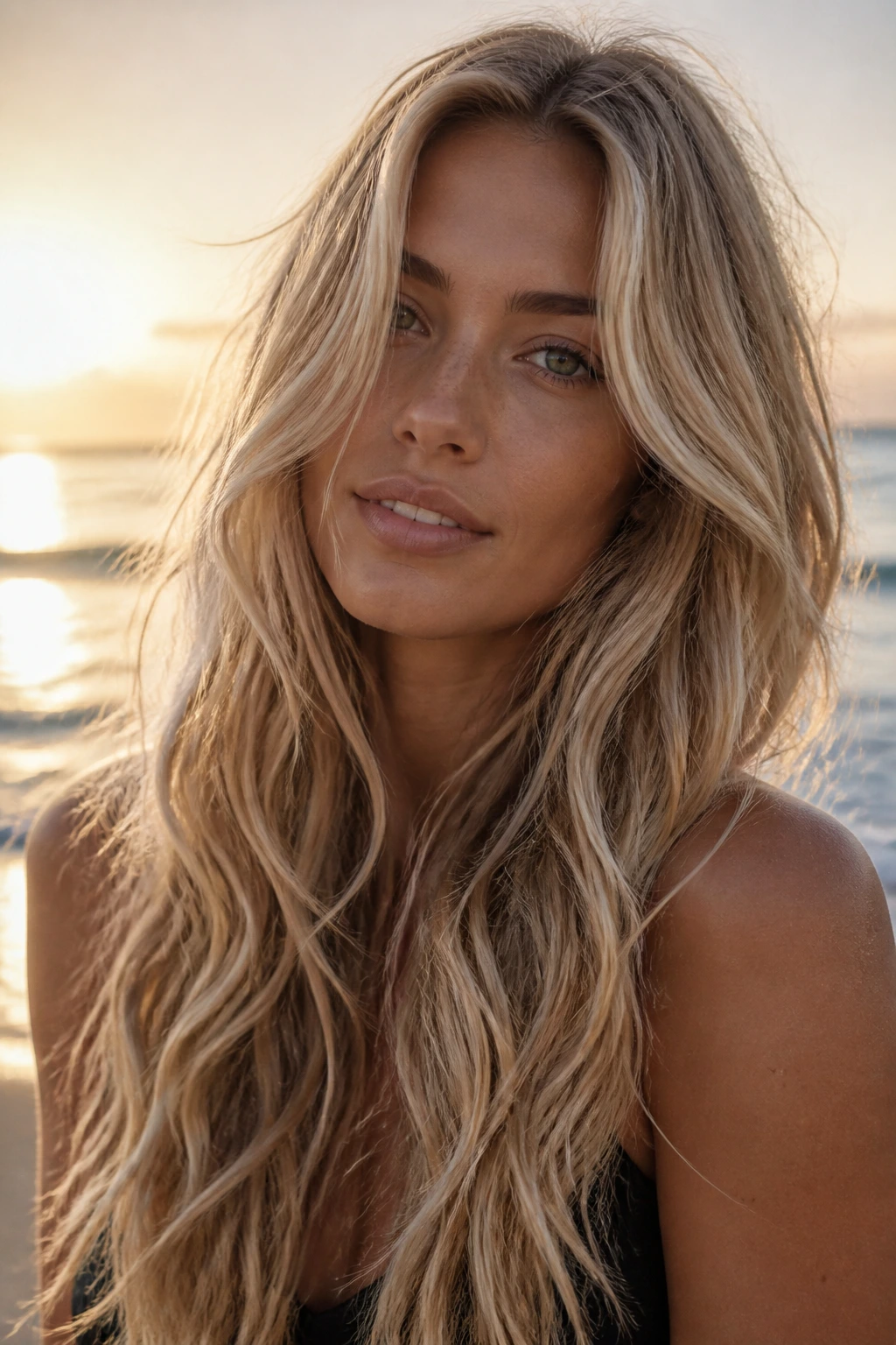 Close-up of a real woman with sandy surf blonde long waves at the beach