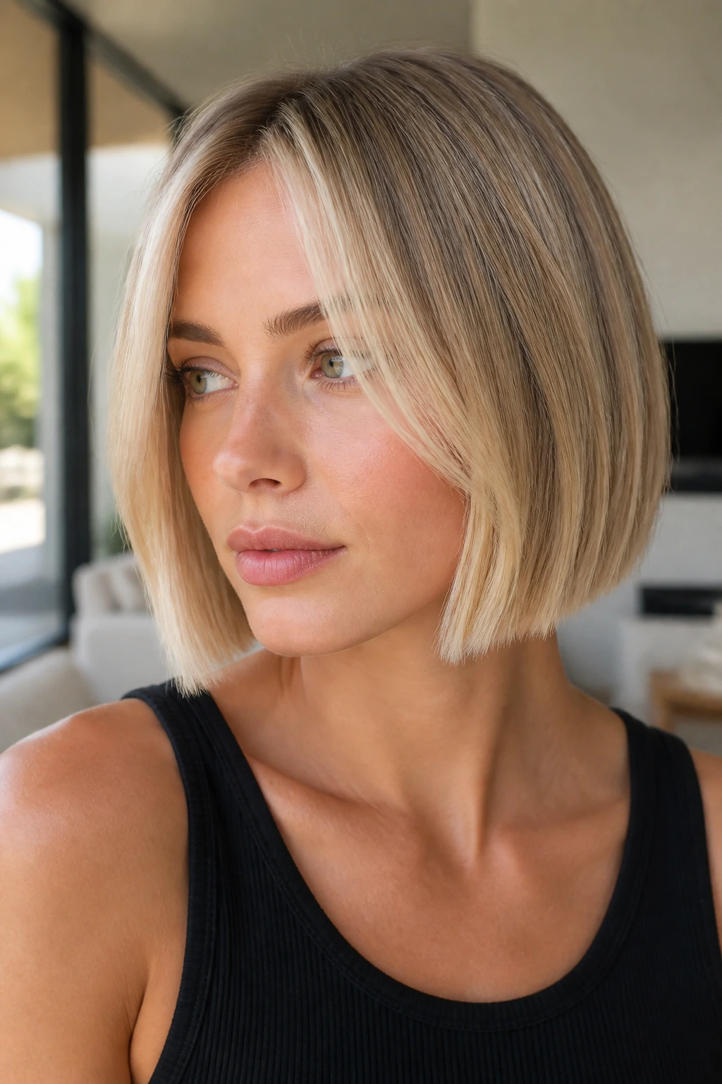 Close-up of a real woman with a sandy blonde blunt bob balayage