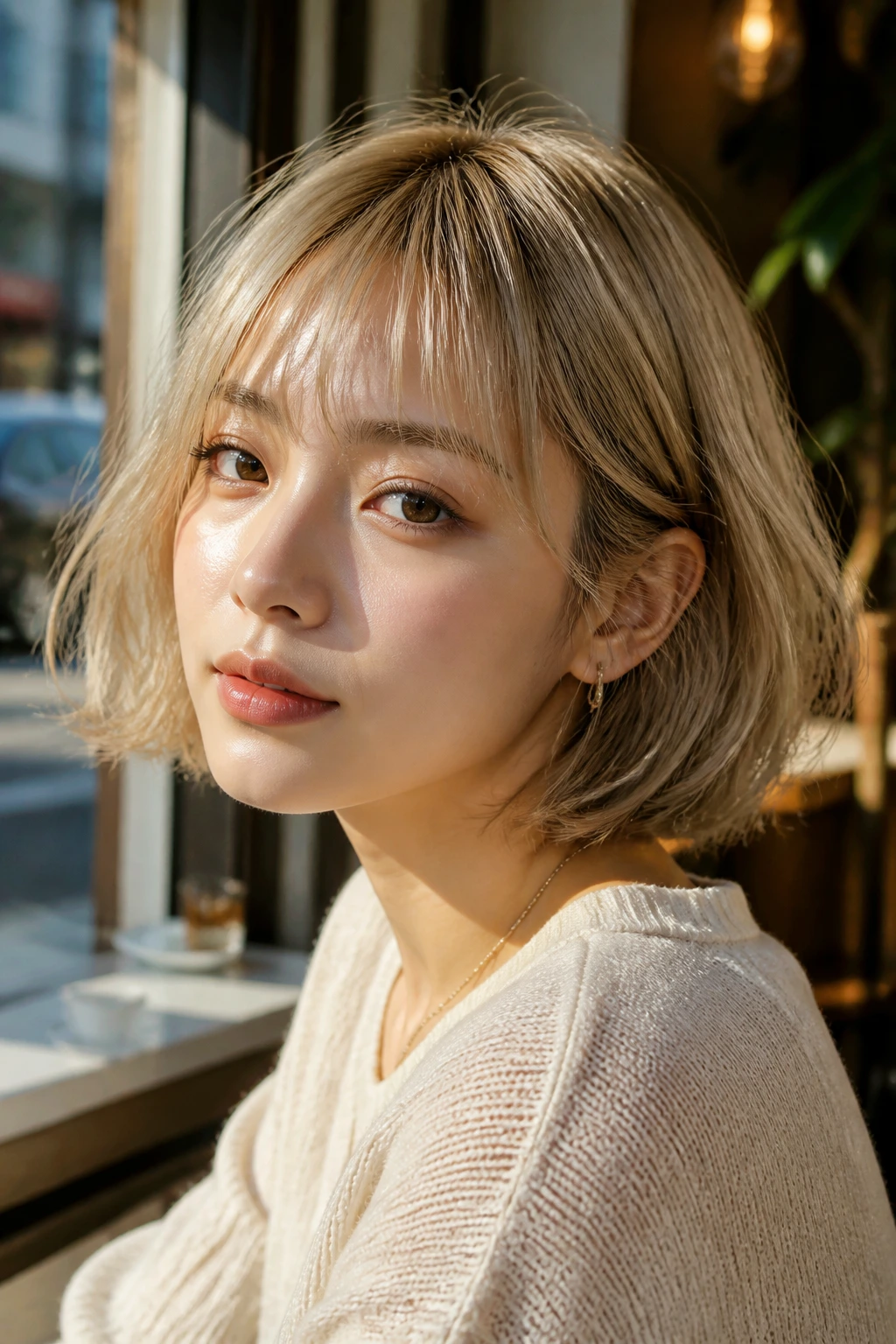 Close-up portrait of Asian woman with sandy French Bob at sunlit cafe window