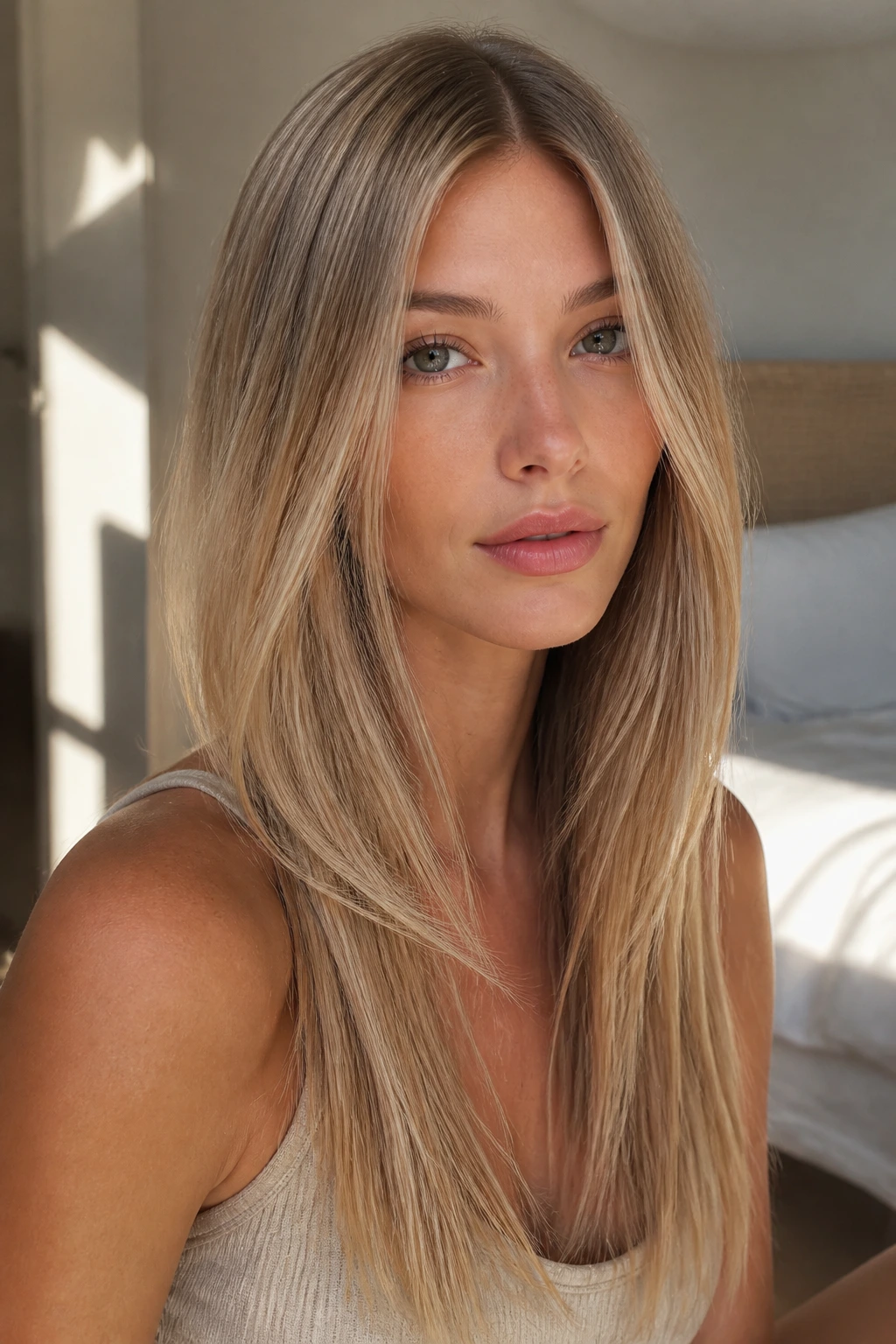 Close-up of long straight sandy blonde with center part and airy ends
