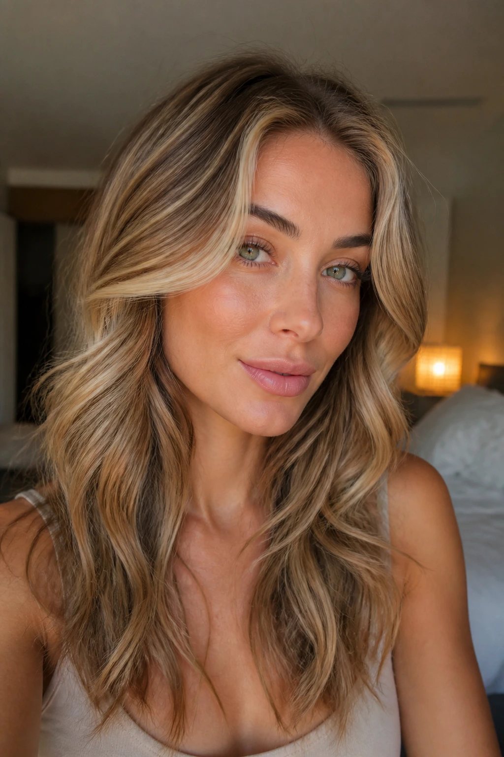 Close-up portrait of a real woman with Sandy Blonde Cheekbone Lift highlighting the cheekbone with front brightness