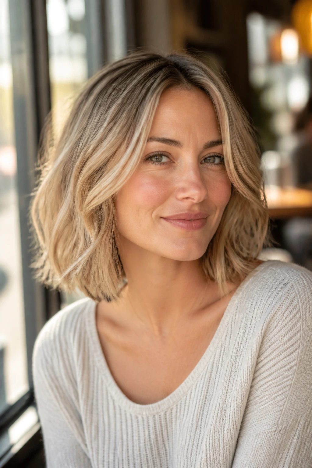 Close-up portrait of a real woman with sandy blonde collarbone-length bob and flowing layers