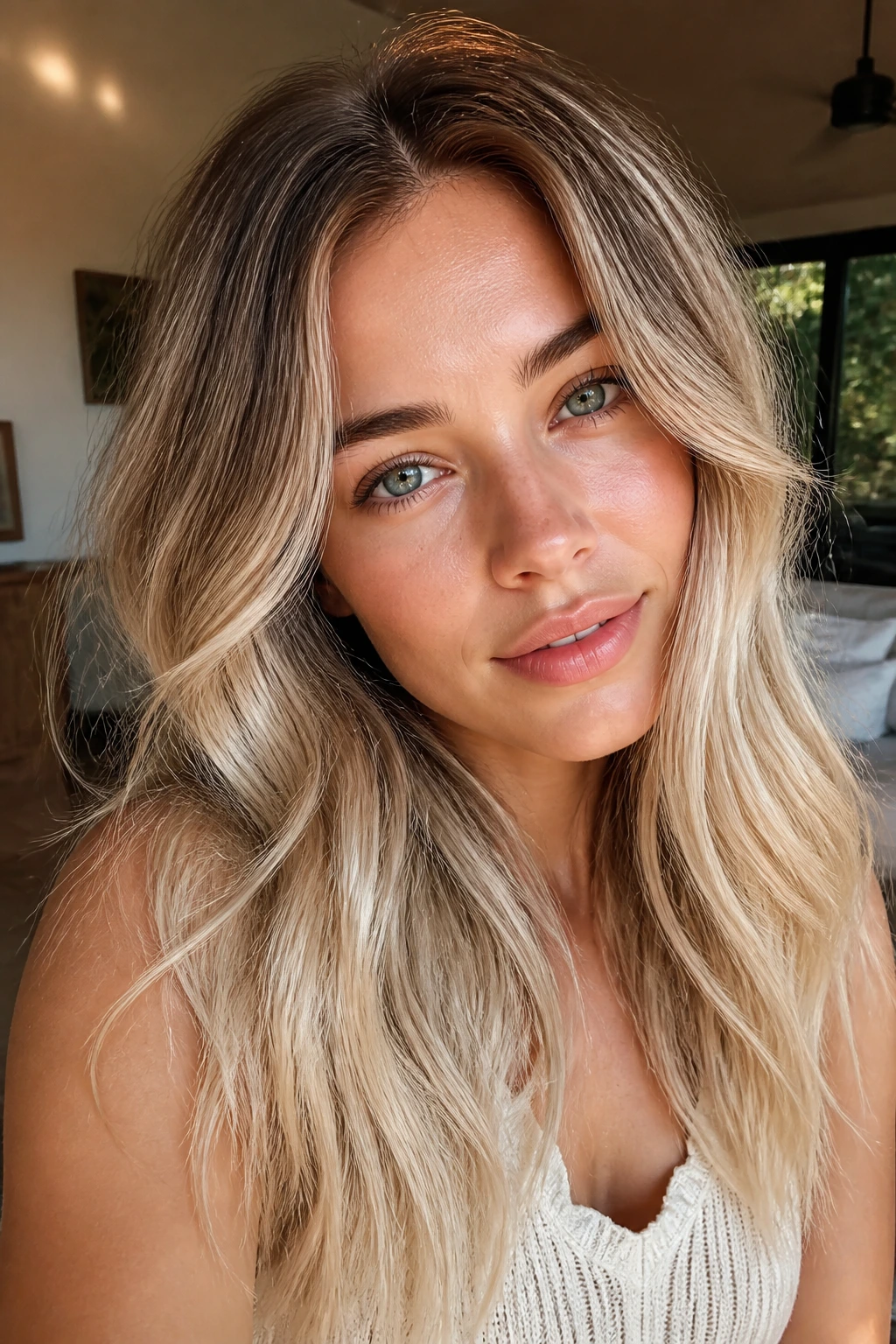 Real woman with sandy to cream blonde gradient in sunlit room