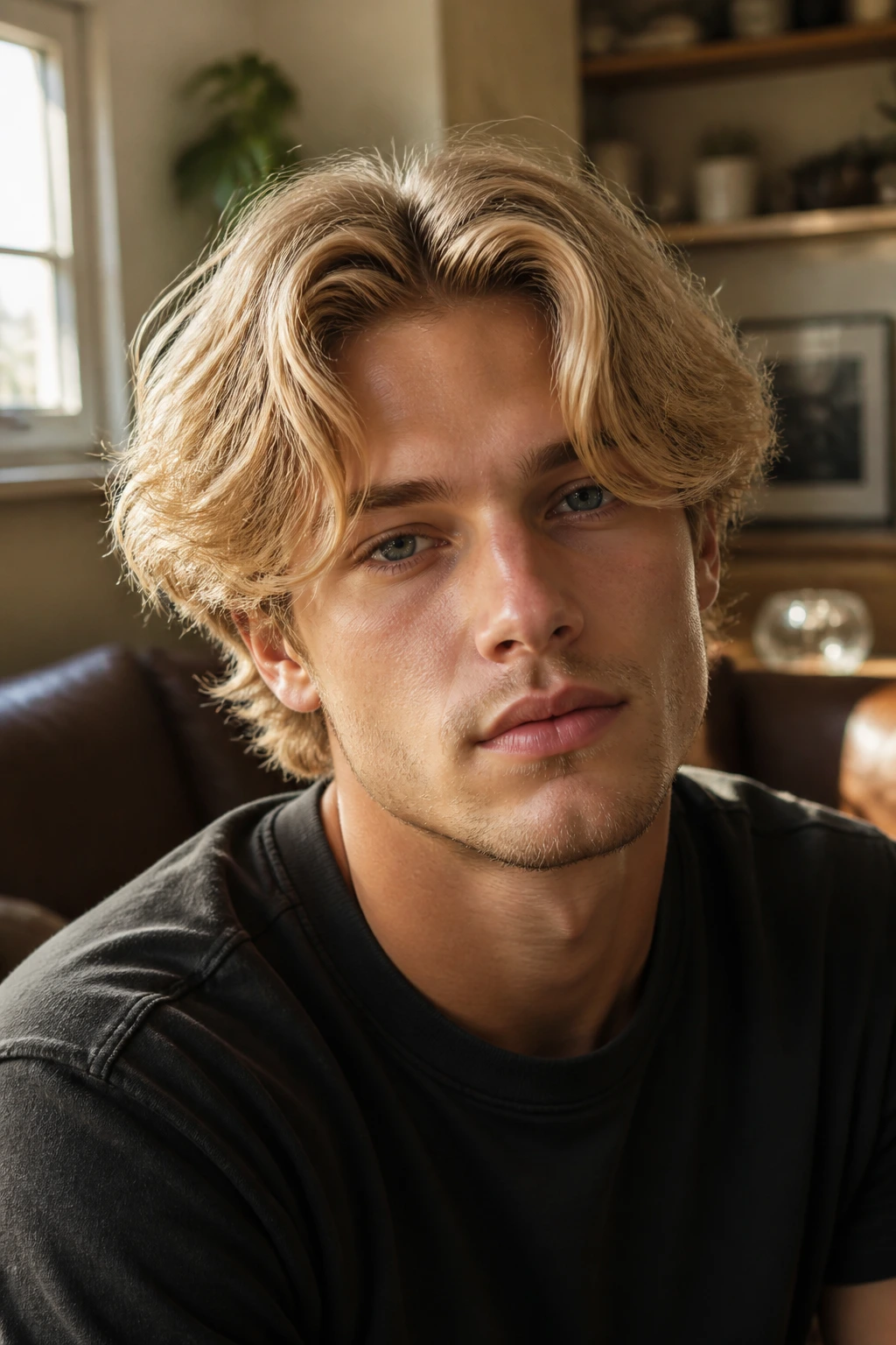 Close-up portrait of a man with sandy blonde curtain hair, front pieces parted, warm natural window light.