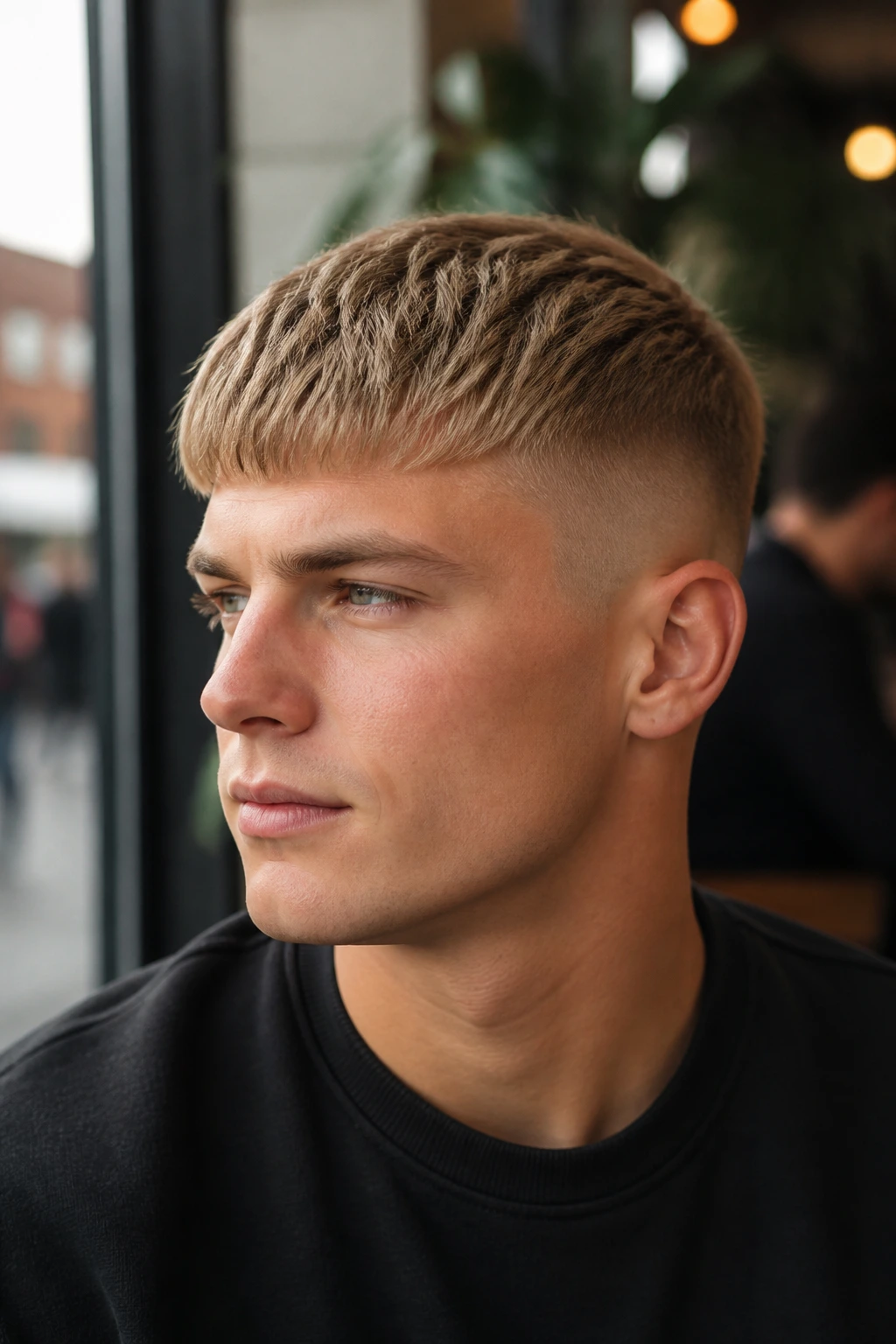 Close-up of a man with sandy blonde French crop and low fade.