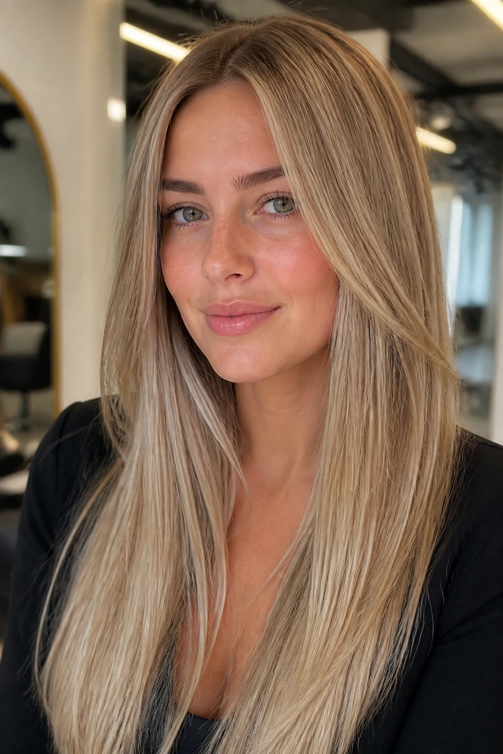 Real woman with sandy blonde hair and invisible layers