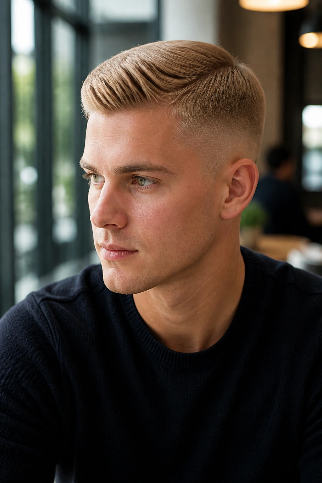 3/4 view of a real person with sandy blonde Ivy League fade and side-parted top
