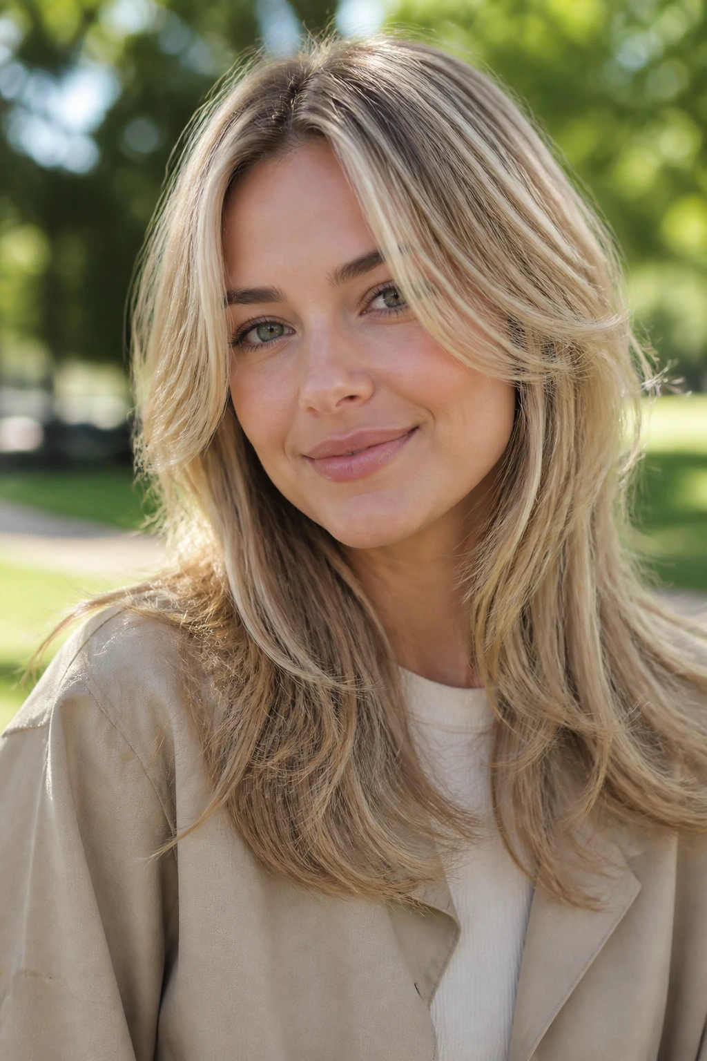 Close-up of a real person with layered sandy blonde hair.