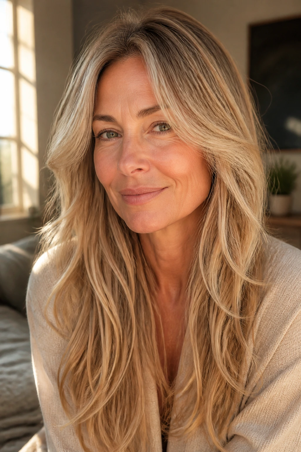 Close-up of a real woman with sandy blonde long layers hair in warm window light