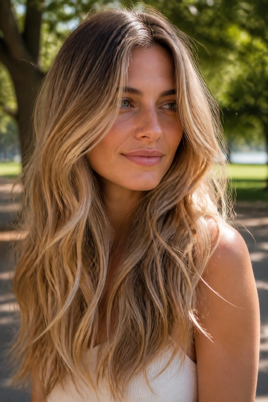 Close-up portrait of a woman with sandy blonde long layers and sunlit ribbons