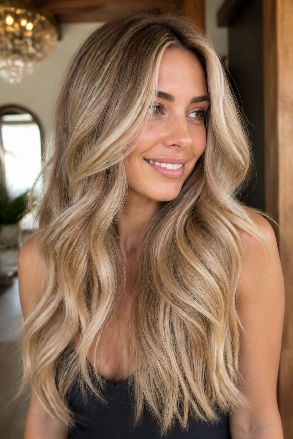 Real woman with sandy blonde lowlights on long hair in warm interior