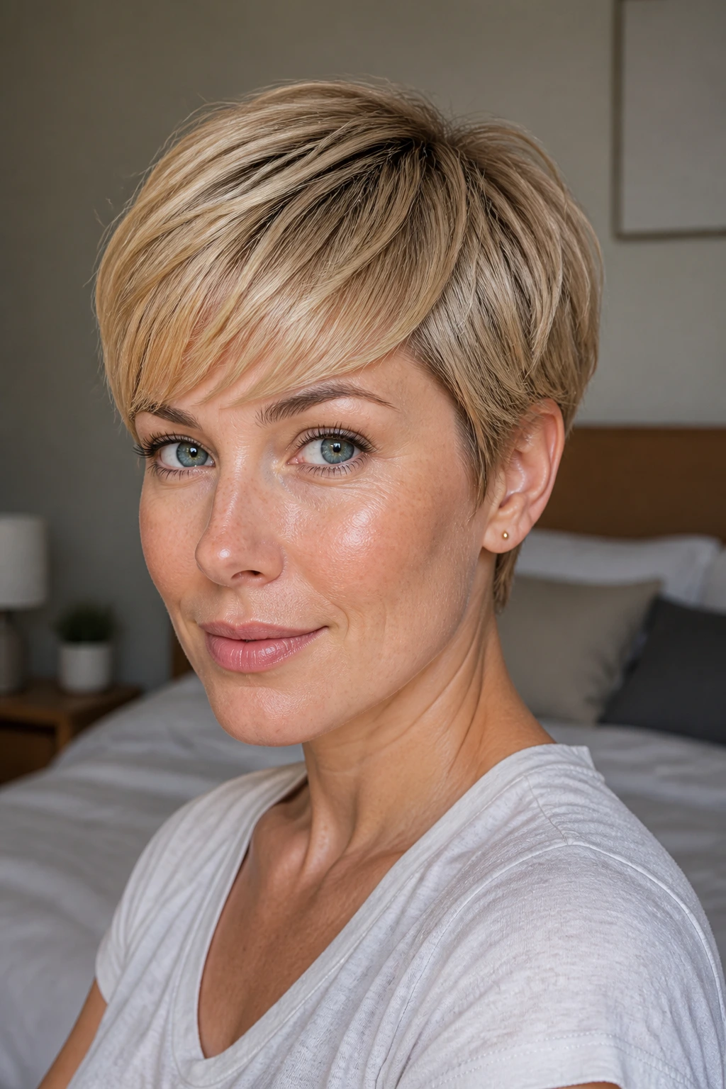 Close-up of a real person with a sandy blonde rounded pixie and soft fringe.