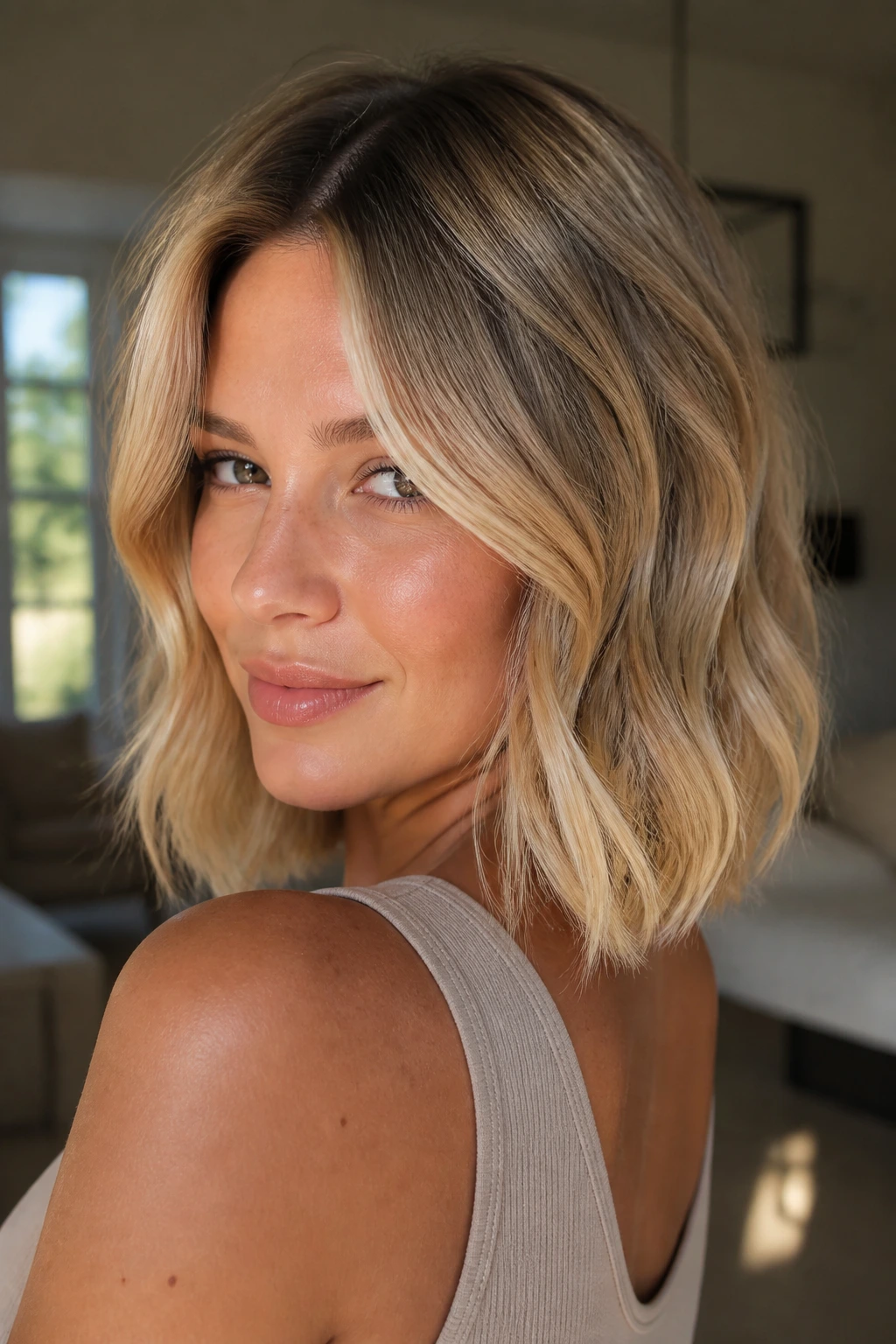 Portrait of a woman with sandy blonde hair and soft root shadow
