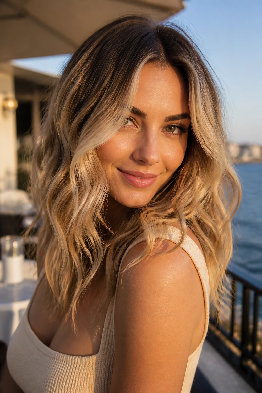 Close-up of real woman with sandy blonde ends and shadow root in waves
