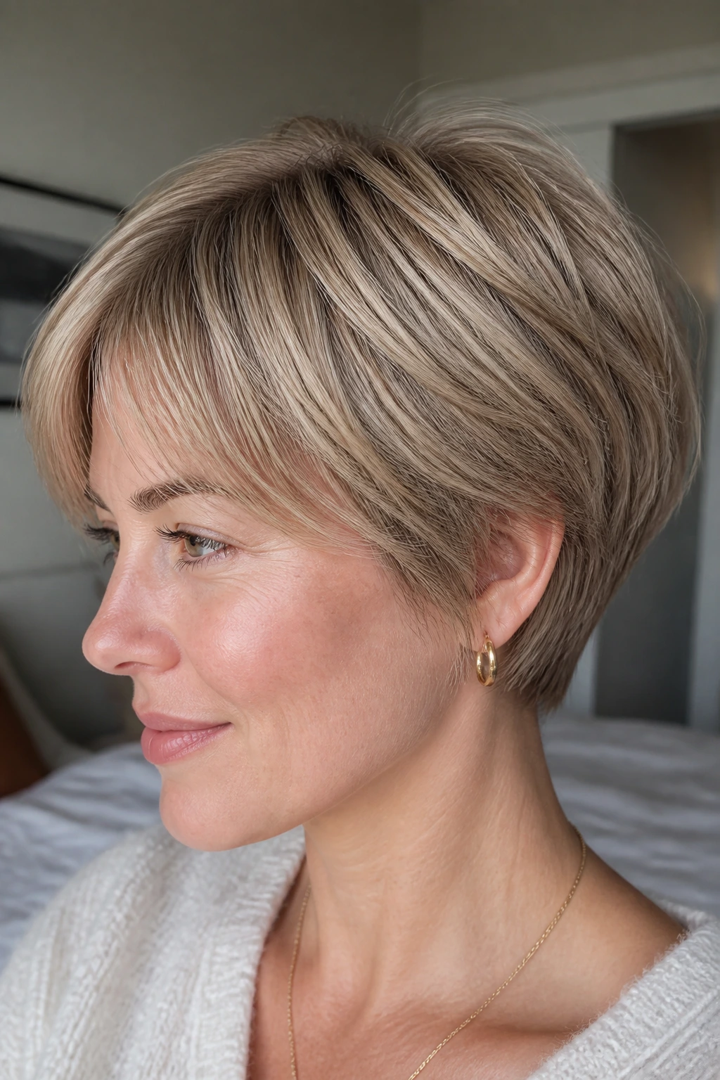 Close-up portrait of a real person with short sandy blonde hair, color balanced from roots to ends