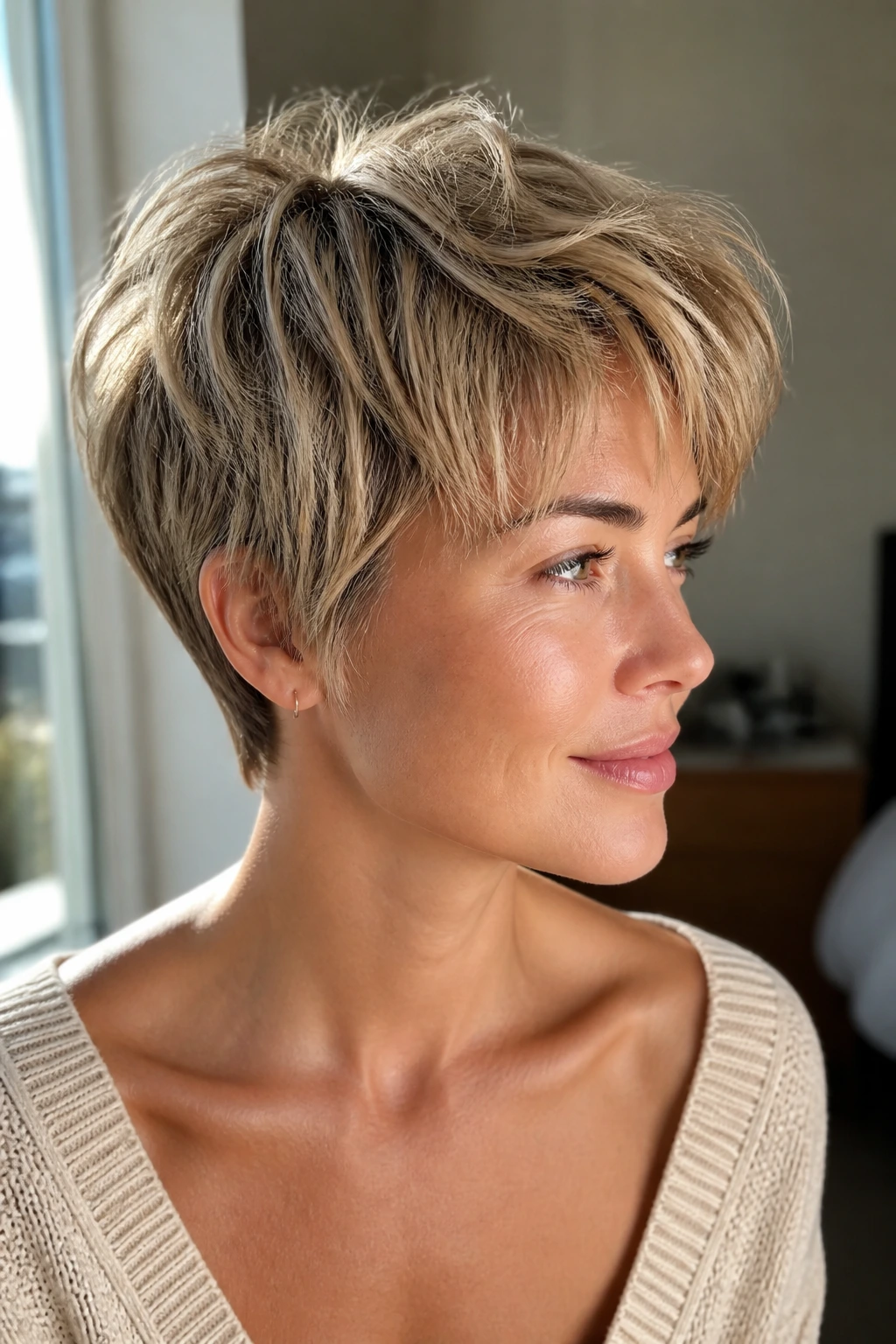 Portrait of a real woman with sandy blonde short hair showing color tones.