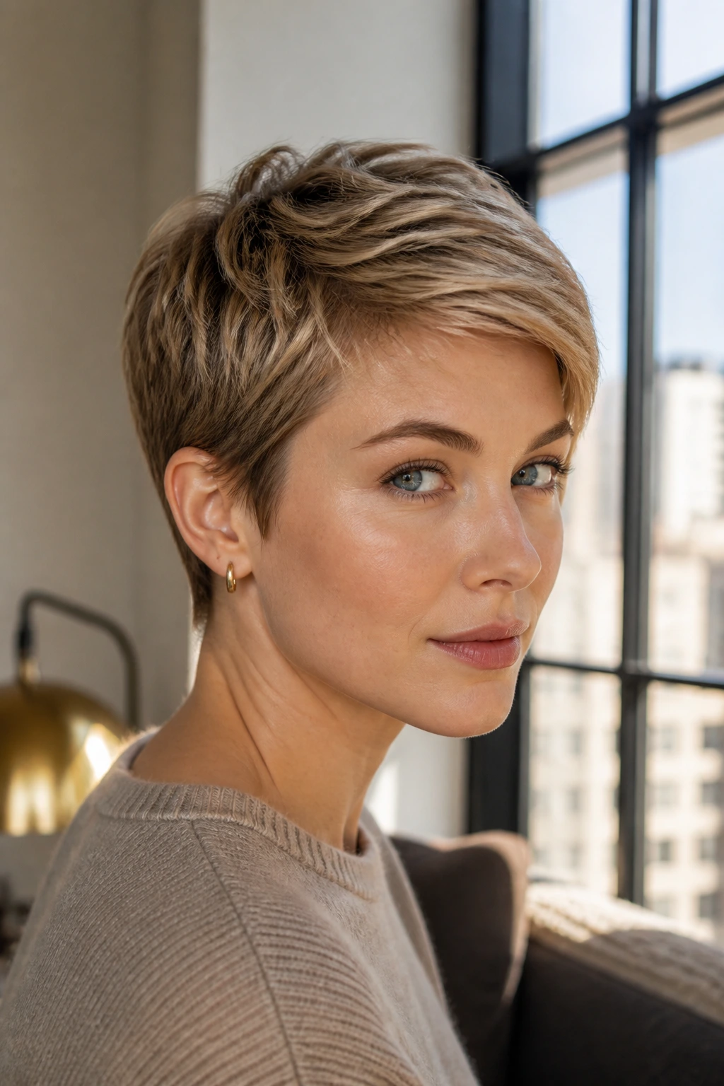 Close-up of a real person with short sandy blonde hair framing the face.